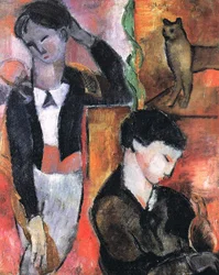 Duas crianças, um gato e um pássaro